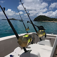 Two fishing rods facing the back of the fishing boat off the coast of Kokomo Private Island Fiji