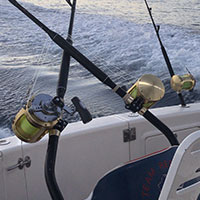 Three fishing rods facing the back of the fishing boast whilst in motion off the coast of Kokomo Private Island Fiji