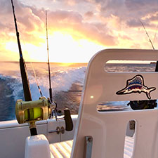 Close up of
                    fishing rod and seat on fishing boat in motion overlooking the sunset