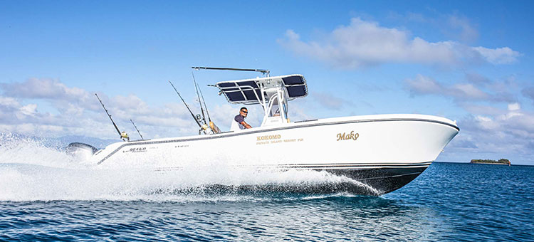 Fishing boat 'Mako' out on the water off the coast of Kokomo Private Island Fiji