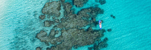 A birds-eye view of a guest stand-up paddle boarding on the water above a coral reef at Kokomo Private Island.