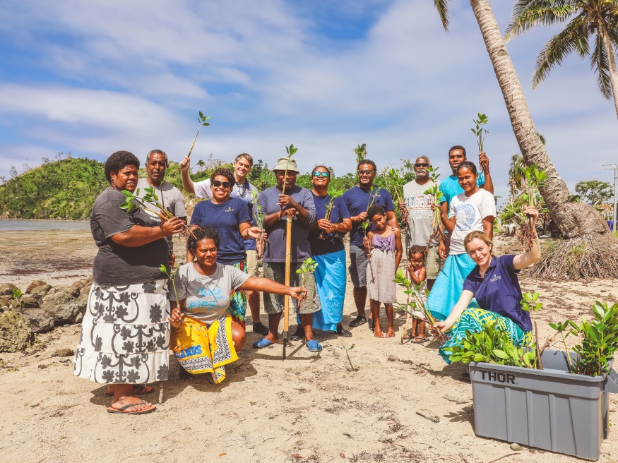 Group of people planting plants on the island